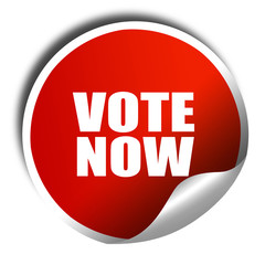 vote now, 3D rendering, red sticker with white text