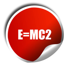 e = mc2, 3D rendering, red sticker with white text