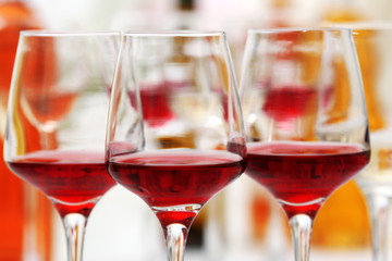 Wine glasses with red and white wine, closeup