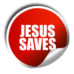 jesus saves, 3D rendering, red sticker with white text