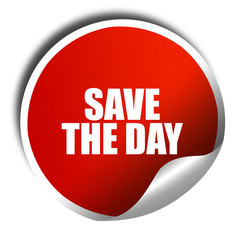 save the day, 3D rendering, red sticker with white text