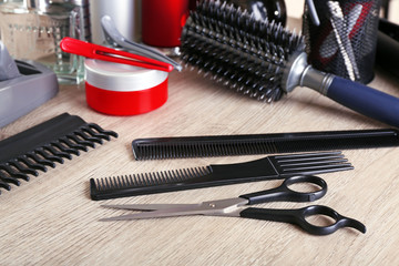 Professional hairdresser tools on table