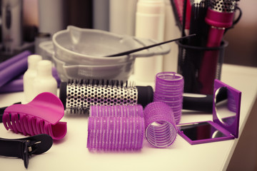 Professional hairdresser tools on table
