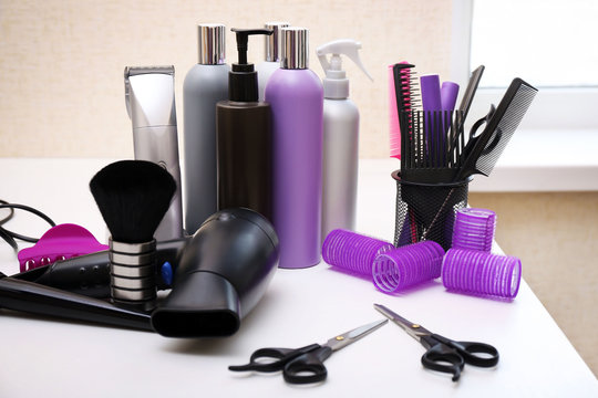 Professional hairdresser tools on table
