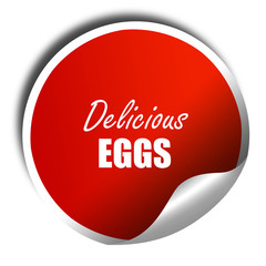 Delicious egg sign, 3D rendering, red sticker with white text