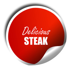 Delicious steak sign, 3D rendering, red sticker with white text