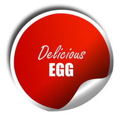 Delicious egg sign, 3D rendering, red sticker with white text