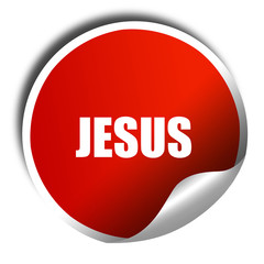 jesus, 3D rendering, red sticker with white text