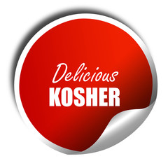 Delicious kosher food, 3D rendering, red sticker with white text
