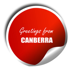 Greetings from canberra, 3D rendering, red sticker with white te