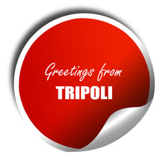 Greetings from tripoli, 3D rendering, red sticker with white tex