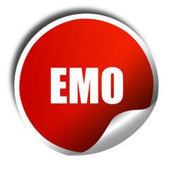 emo, 3D rendering, red sticker with white text