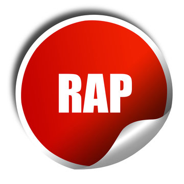 rap music, 3D rendering, red sticker with white text