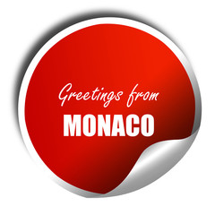 Greetings from monaco, 3D rendering, red sticker with white text