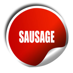 Delicious sausage sign, 3D rendering, red sticker with white tex