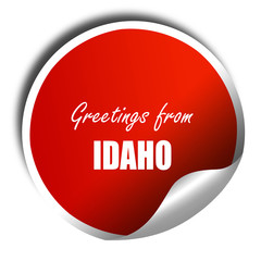 Greetings from idaho, 3D rendering, red sticker with white text