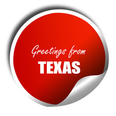 Greetings from texas, 3D rendering, red sticker with white text
