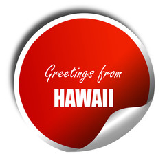 Greetings from hawaii, 3D rendering, red sticker with white text