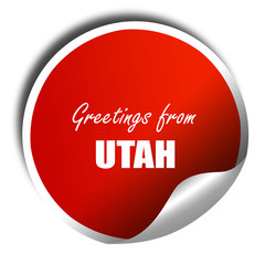 Greetings from utah, 3D rendering, red sticker with white text