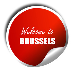 Welcome to brussels, 3D rendering, red sticker with white text