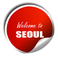 Welcome to seoul, 3D rendering, red sticker with white text