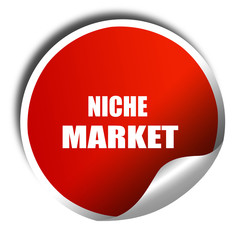 niche market, 3D rendering, red sticker with white text