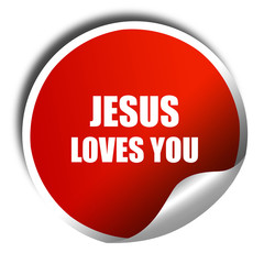 jesus loves you, 3D rendering, red sticker with white text