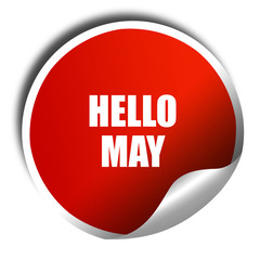 hello may, 3D rendering, red sticker with white text