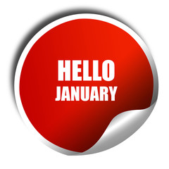 hello january, 3D rendering, red sticker with white text
