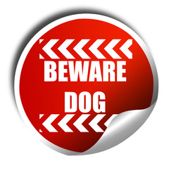Beware of dog sign, 3D rendering, red sticker with white text