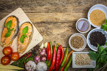 Salmon grilled fish dish with vegetables and spices in cooking.