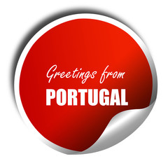 Greetings from portugal, 3D rendering, red sticker with white te