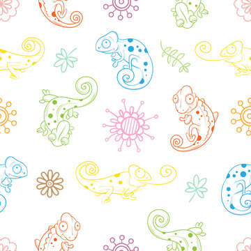 Seamless pattern with cute cartoon chameleons, plants and flowers on  white  background. Colorful  reptiles in different poses. Children's illustration. Vector contour image.