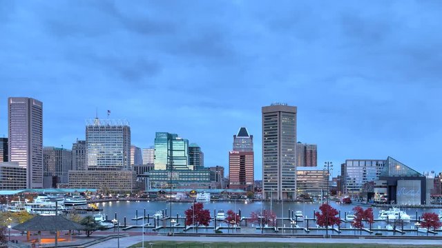 Time lapse of sunset on a cloudy day at Baltimore, Maryland's Inner Harbor.