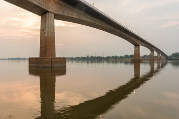 Bridge across the Mekong River at sunset. Thai-Lao friendship bridge at Nong Khai, Thailand