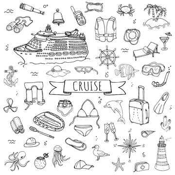 Hand drawn doodle Cruise vacation icons set Vector illustration summer adventure emblem collection Cartoon cruise liner concept elements Sea symbols Marine concept with Cruise Ship Summertime Elements