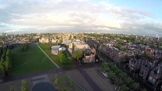 Amsterdam city aerial footage of Museumplein Van Gogh Museum moving up 4k