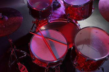 Drums set and sticks, close-up