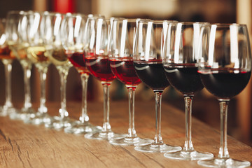 Many glasses of different wine in a row on bar counter