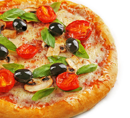Delicious tasty pizza with vegetables, isolated on white