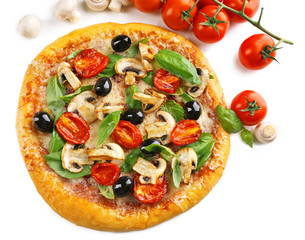 Delicious tasty pizza with vegetables, isolated on white