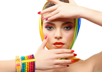 Fototapeta premium Beautiful girl with colorful makeup, manicure and hairstyle, isolated on white