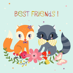 Best friends illustration. Whimsical background or card.