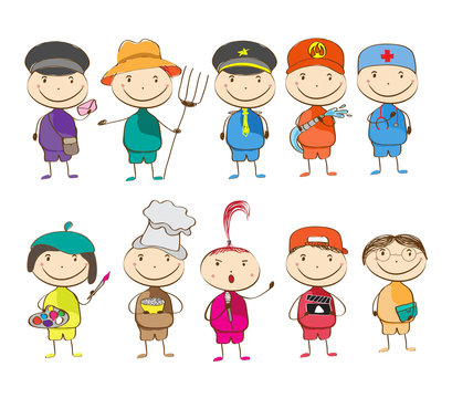 set of ten children with different professions. postman, farmer, police, fireman, doctor, artist, chef, singer, director, teacher