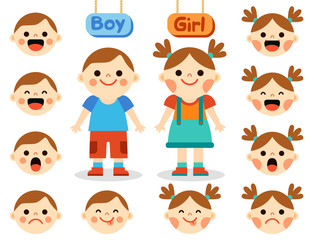 Cute girl and boy with faces showing different emotions