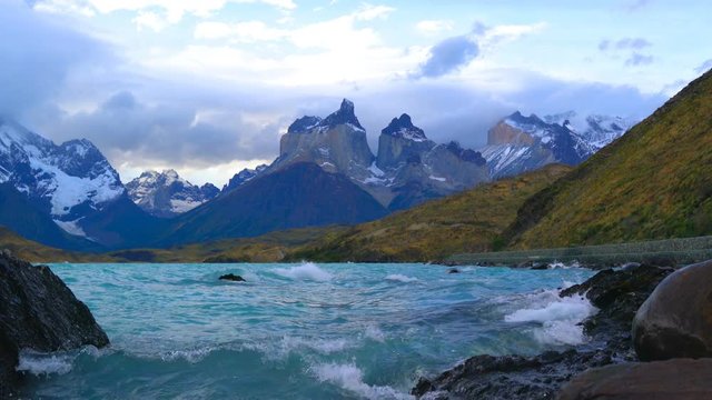 View of Cuemos Del Paine at Lake Pehoe in the Torres Del Paine National Park Chile 4K Ultrahd