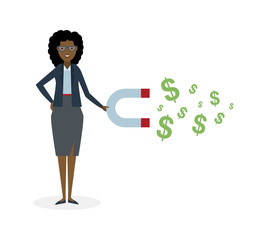 Businesswoman with magnet on white background. African american businesswoman holding magnet. Magnetize money, wealth, finance. Earn money.