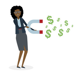 Businesswoman with magnet on white background. African american businesswoman holding magnet. Magnetize money, wealth, finance. Earn money.