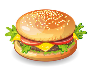 Isolated classic hamburger on white background. Fresh sandwich with beef, lettuce, tomato, bun and cheese. American fast food.