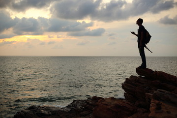 Man silhouette and mountain in Rayong at Thailand